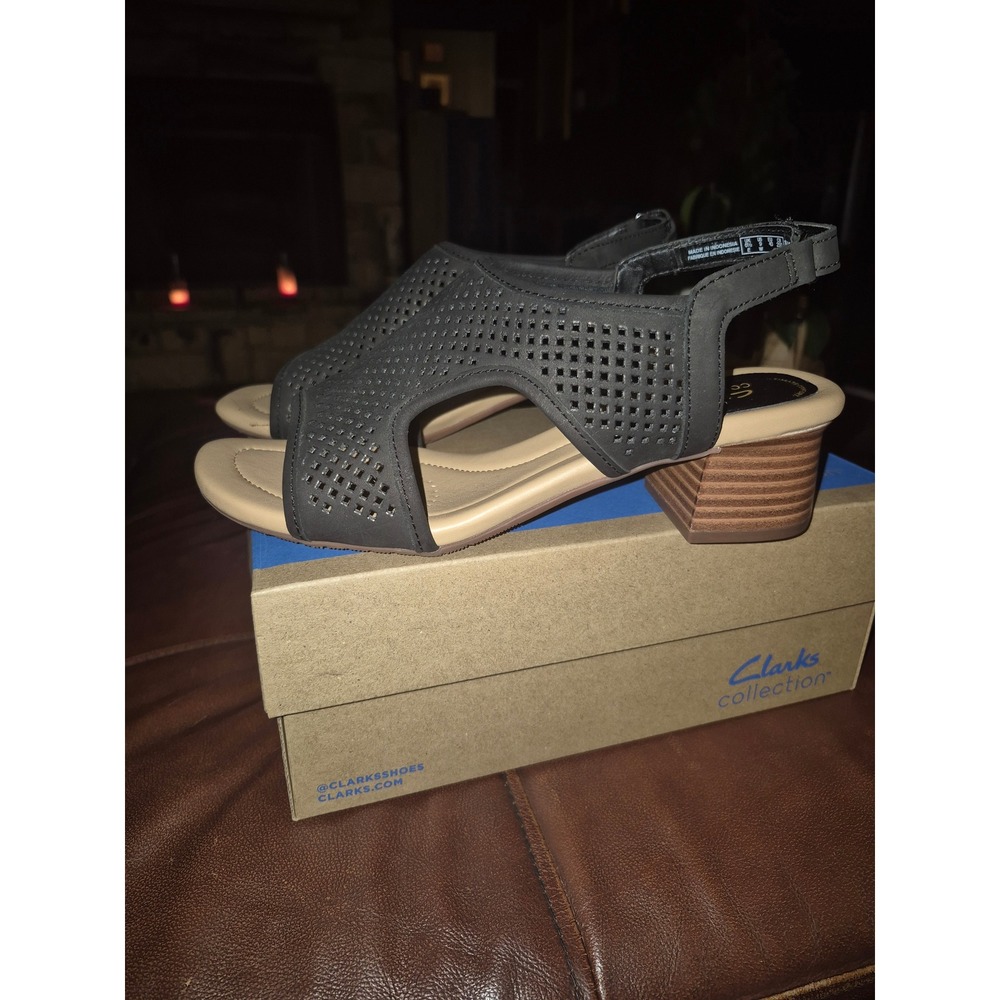 Clarks Size 9W Womens Desiree Sail Black Nubuck Block Heel Sandals Comfort wide‎